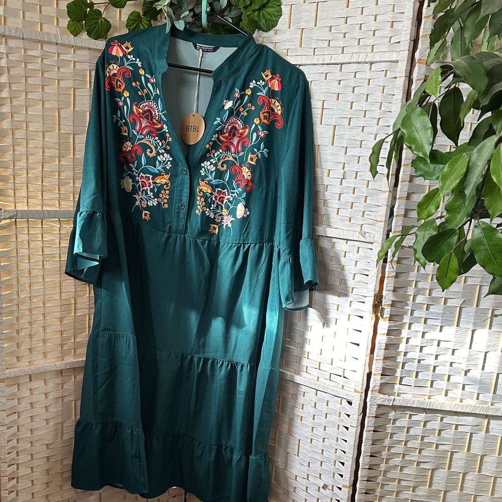 BloomChic Teal dress with Floral Embroidery.Bohemian style